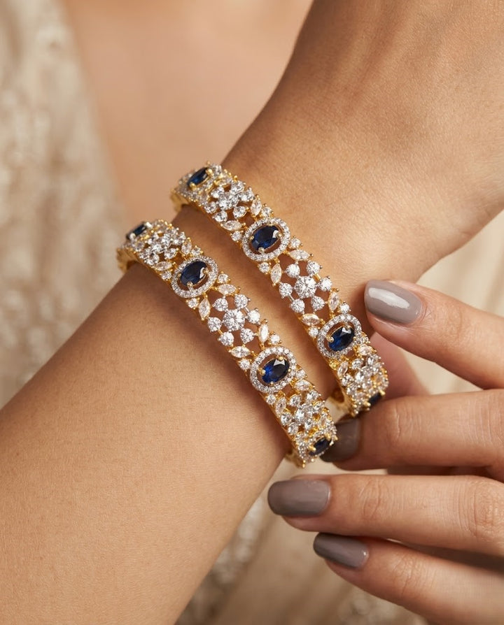 Premium Sparkle Design Royal Blue Diamond Bangles Pair Gold Tone
