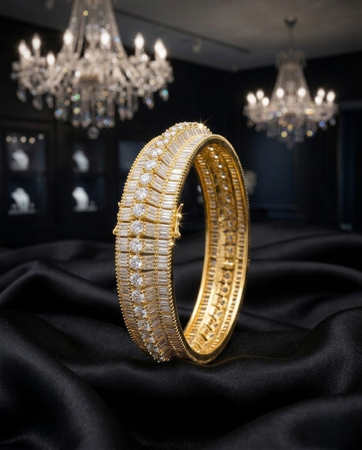 Openable Premium Baguette & Round Diamond Look Bracelet in Gold Tone