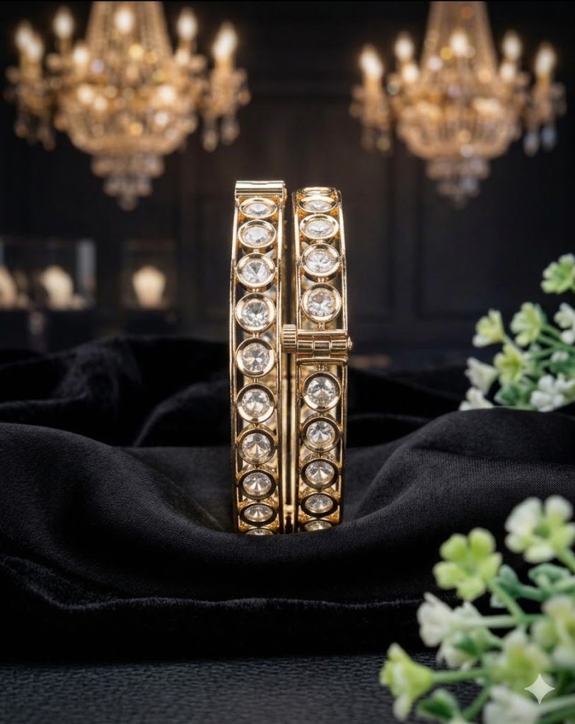 Gold Plated Kundan Openable Bangle Set – Designer Stone Kada for Women