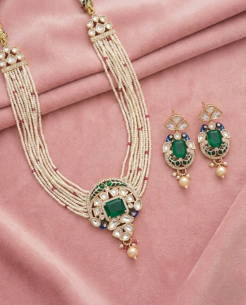 Kundan Pearl Choker Necklace Set Real Gold Tone with Ruby Red and Green Stone Detailing with Earrings