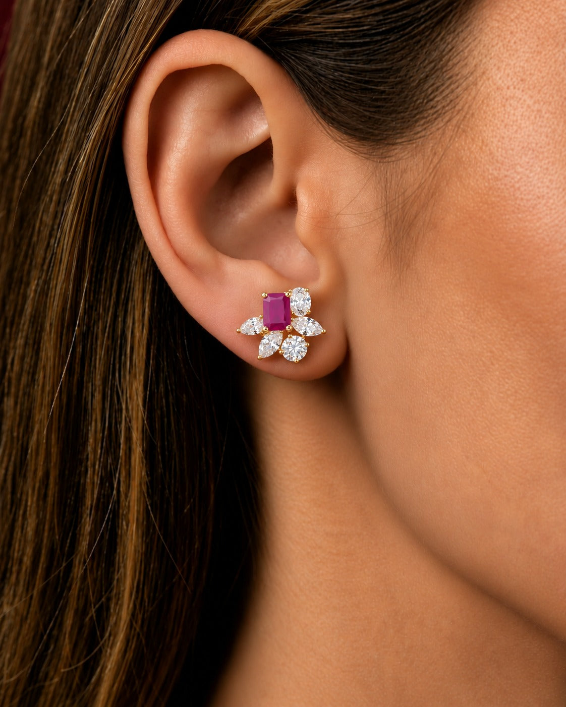 Velora Emerald-Cut Floral Stud Earrings – Blue, Green & Ruby