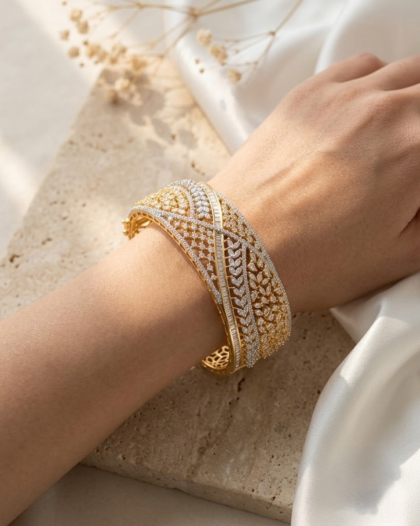 Luxury Openable Diamond Bracelet for Women | Gold & Silver Polish American Diamond Kada | Size 2.4 & 2.6