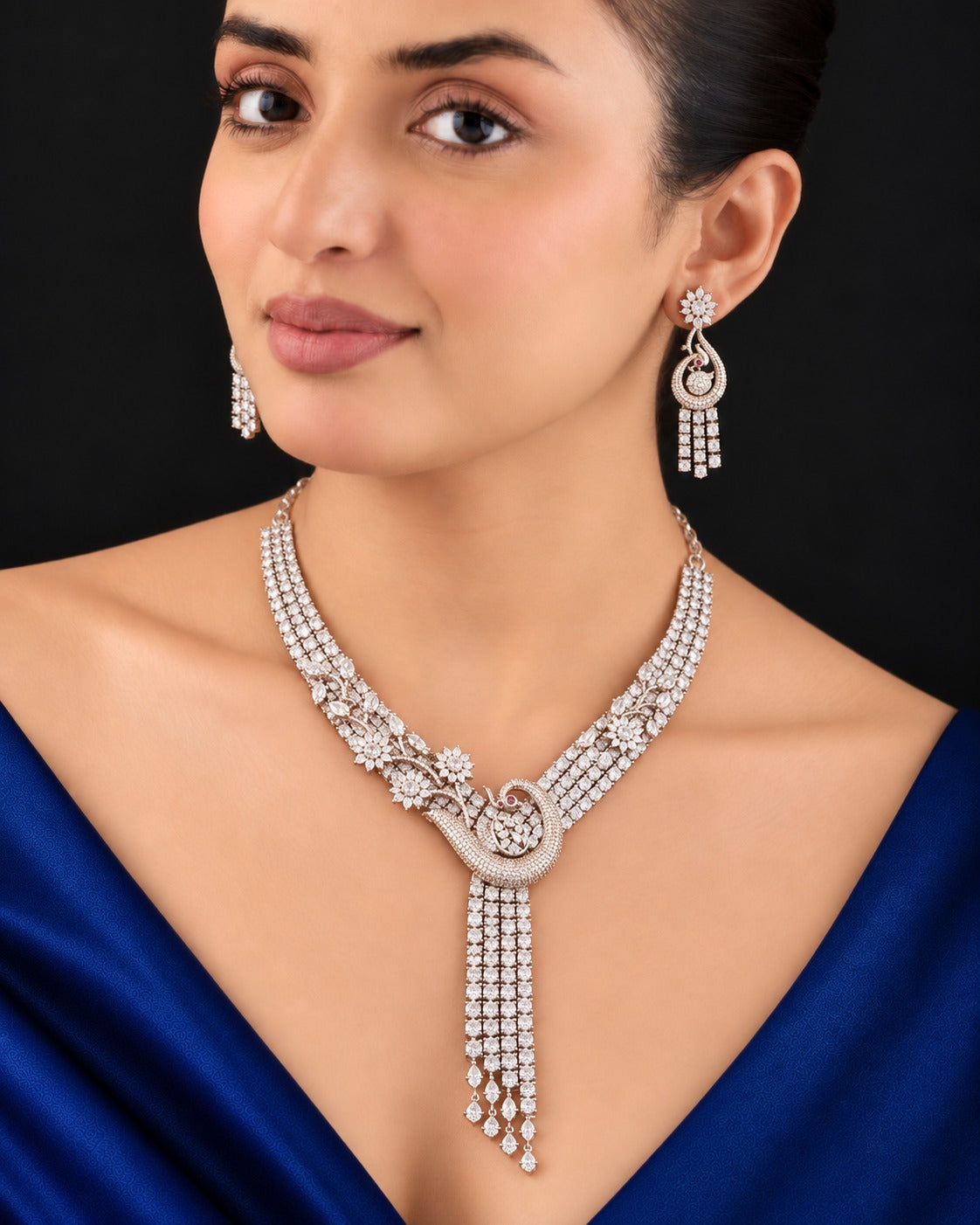 Mayurika Peacock Cascade Diamond-Look Necklace Set