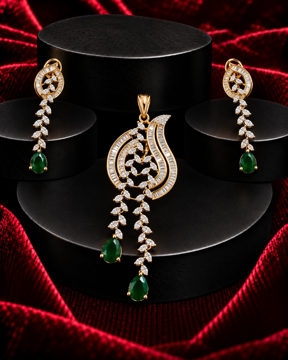Premium Emerald Green Drop Pendant Set in Gold Tone
