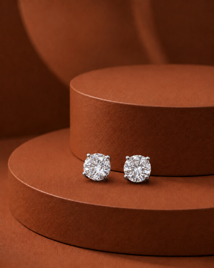 Silver Polish Round Diamond Stud Earrings for Women