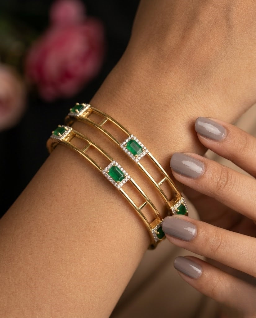 Gold Finish Ruby & Emerald Stone Bangles Set – Designer Jewellery for Women