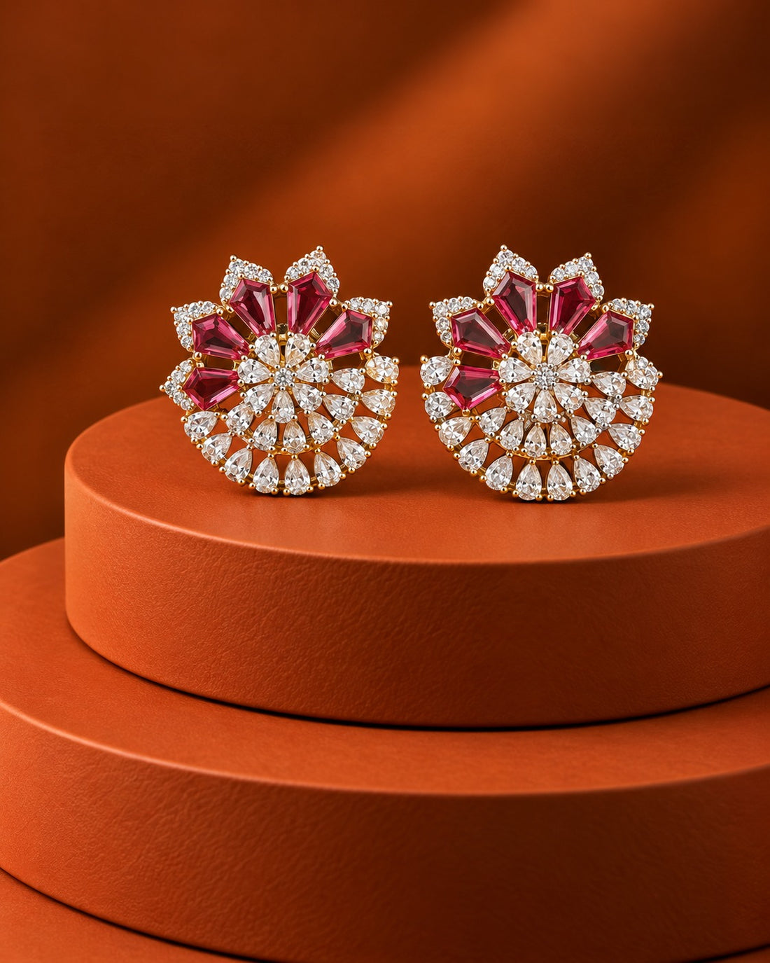 Zarelle Fan Bloom Diamond-Look Stud Earrings – Ruby, Green & Blue