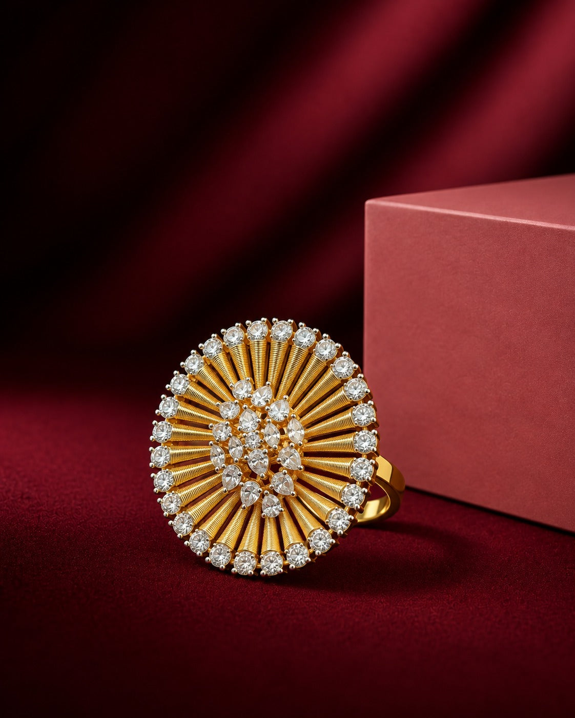 Adjustable Gold Sunburst Crystal Statement Ring