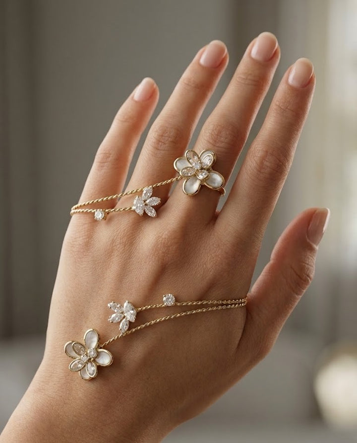 Gulnaar Floral Hand Cuff Bracelet for Women in Gold Tone