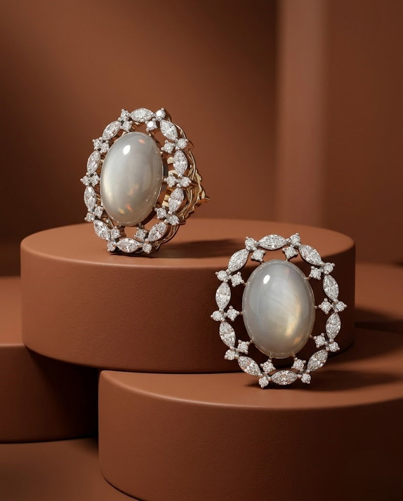 Premium Pearl Halo Luxe Studs – Gold Polish Oval Pearl Diamond Earrings