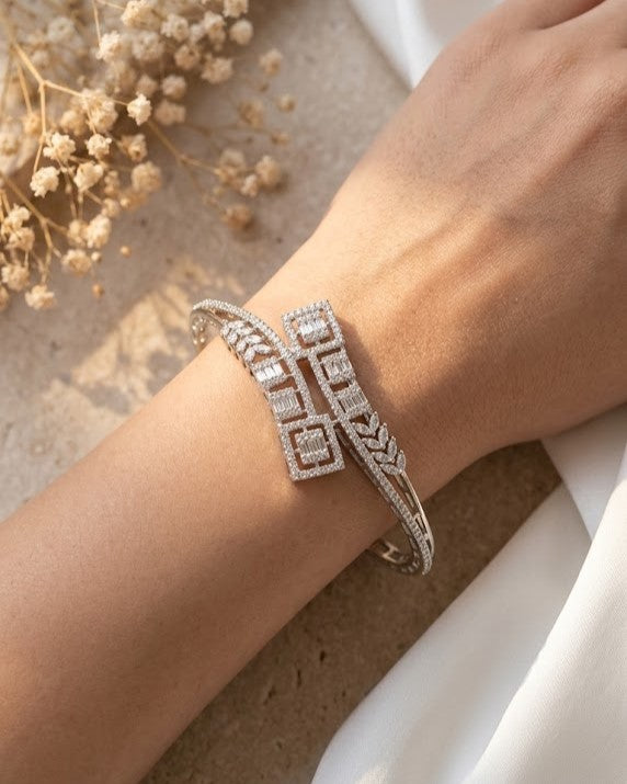 Designer Diamond Bracelet with Square & Leaf Motifs | Silver Polish Openable Bracelet for Women