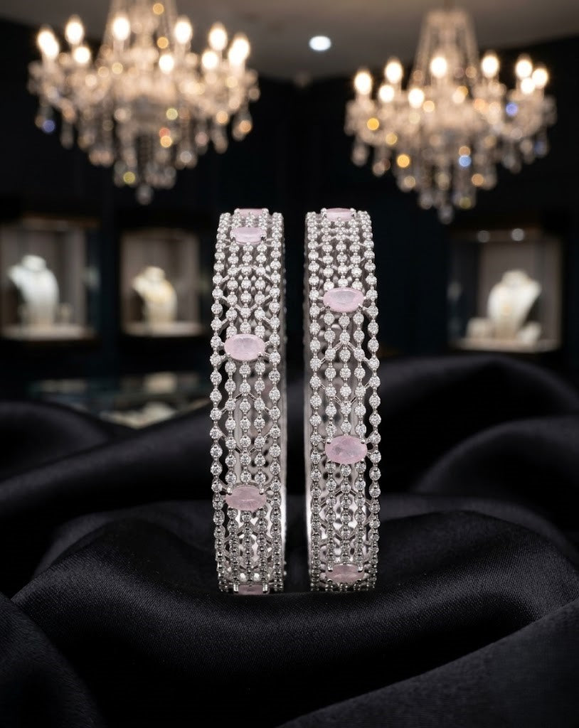 Premium Sparkle Design Soft Pink Diamond Mesh Bangles Pair Silver Tone
