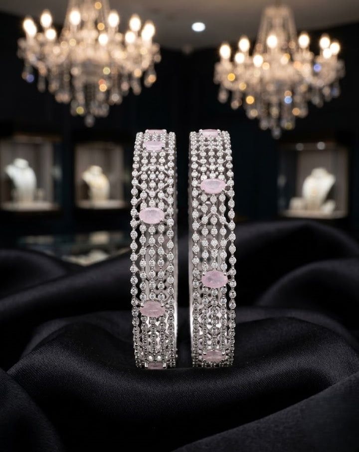 Premium Sparkle Design Soft Pink Diamond Mesh Bangles Pair Silver Tone
