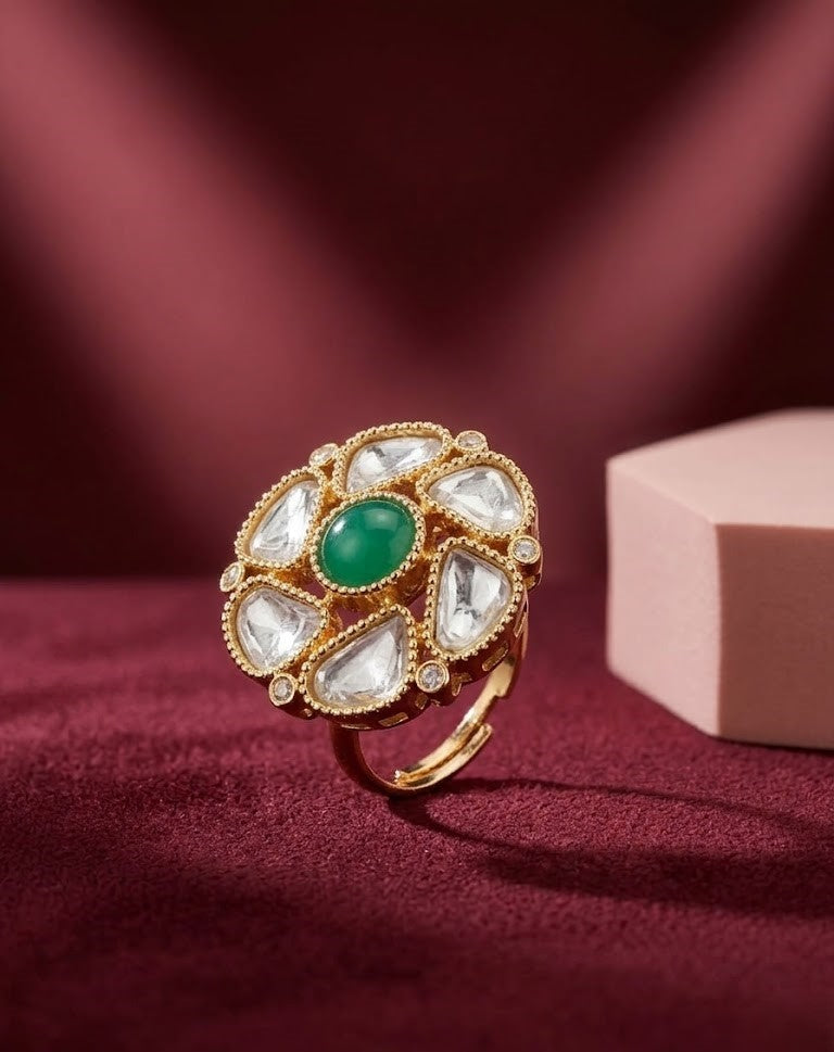 Zarika Emerald Kundan Ring for Women | Adjustable Floral Statement Ring