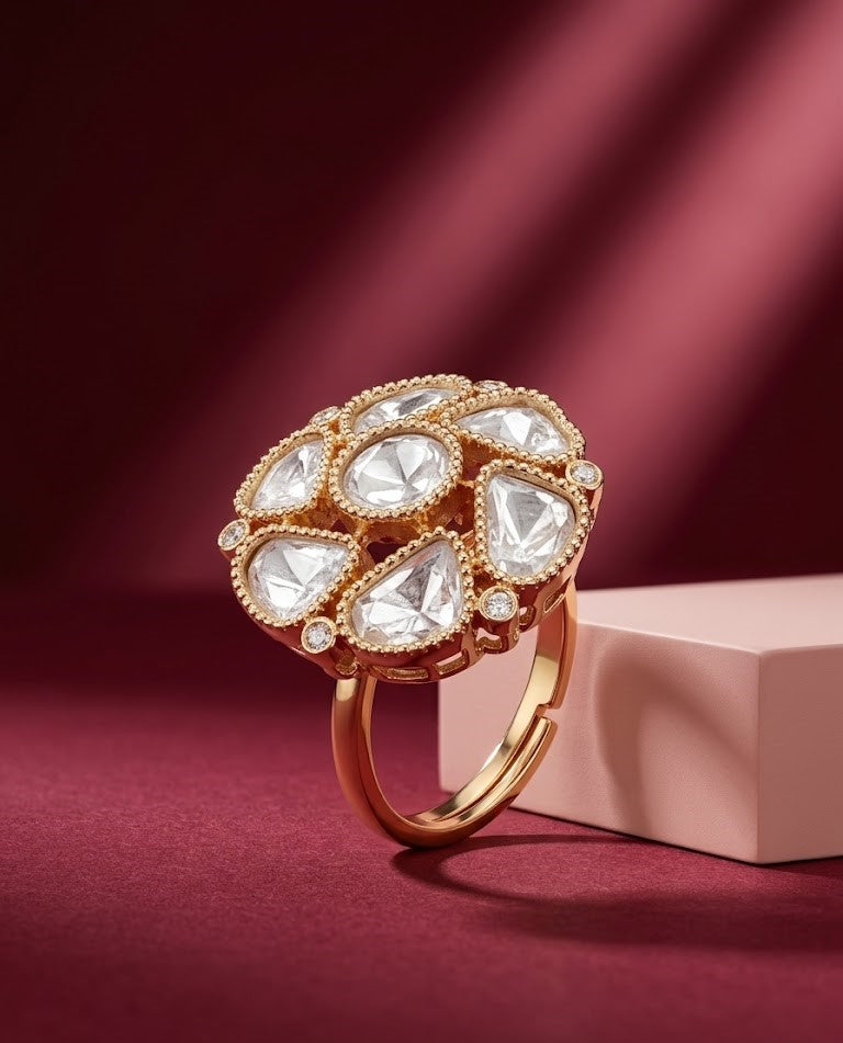 Zarika Emerald Kundan Ring for Women | Adjustable Floral Statement Ring