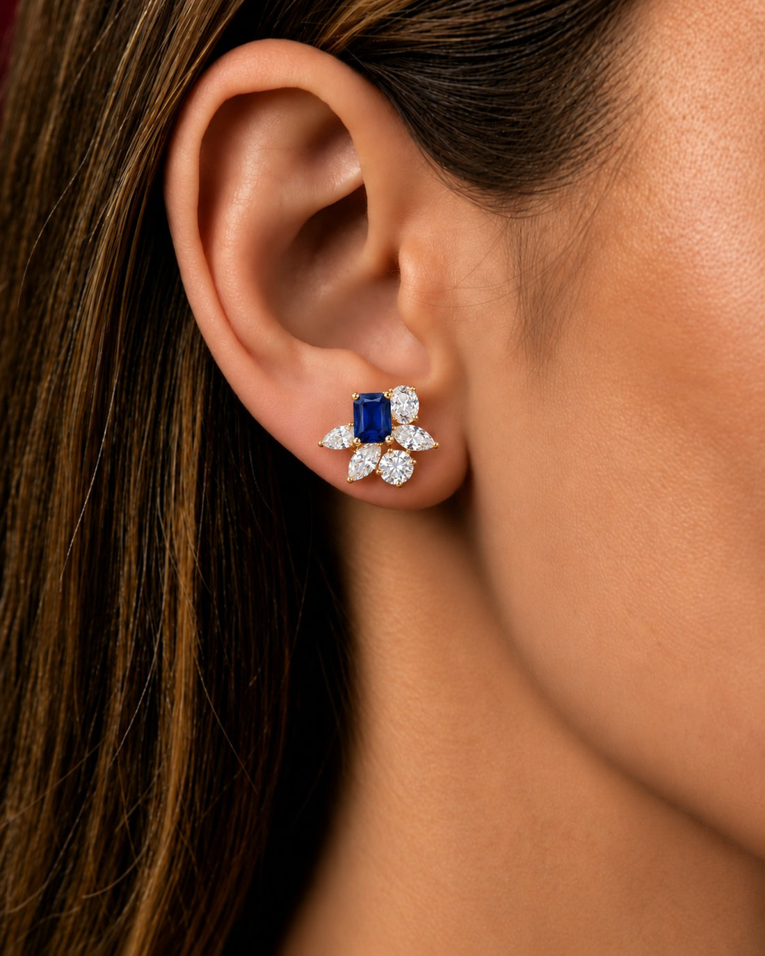 Velora Emerald-Cut Floral Stud Earrings – Blue, Green & Ruby