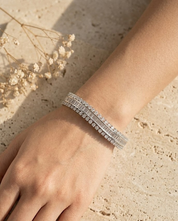 Luxury Openable Double Line Diamond Bracelet for Women | Silver Polish American Diamond Kada | Size 2.4 & 2.6