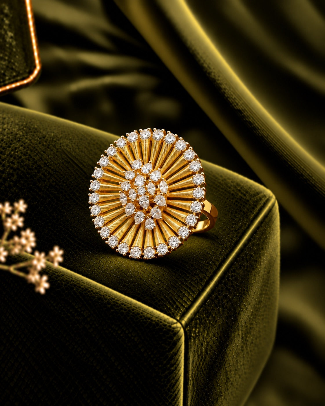 Adjustable Gold Sunburst Crystal Statement Ring