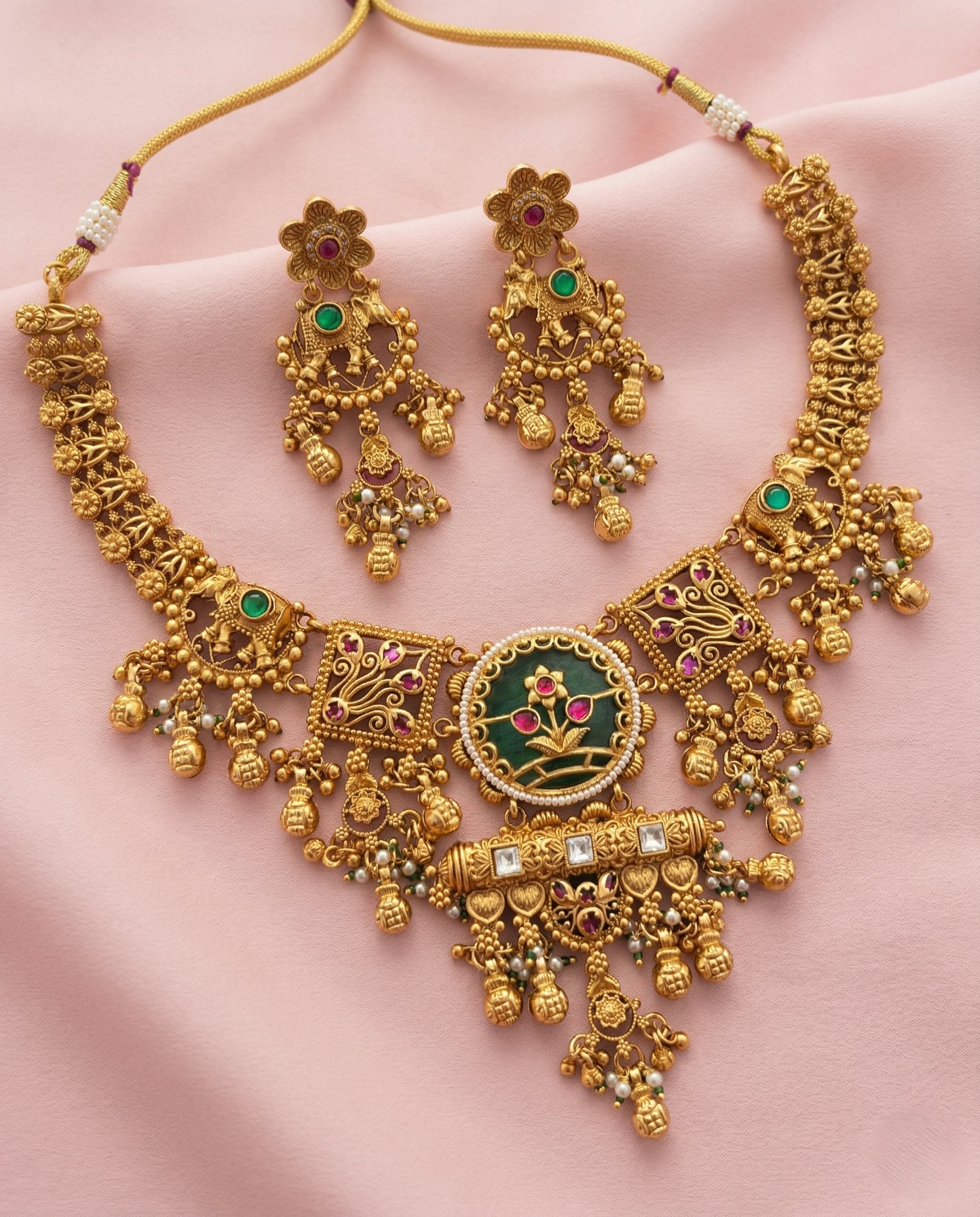 Traditional Gold Finish Necklace Set with Green Enamel Pendant & Jhumka Earrings