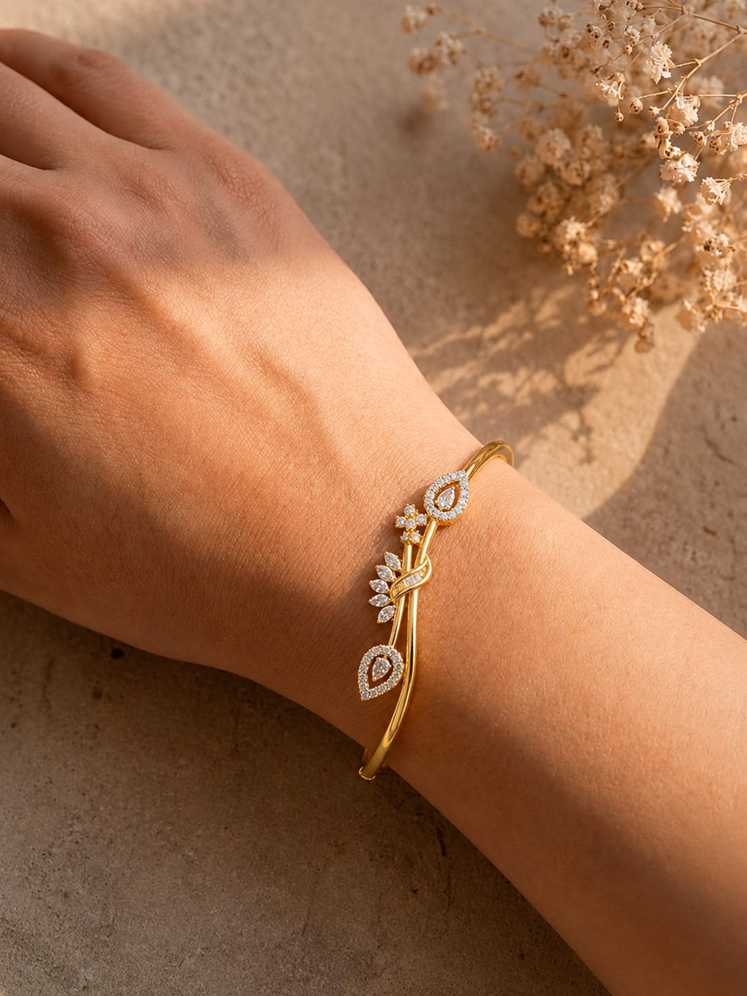 gold plated floral bangle, floral CZ bracelet, designer gold bangle, diamond look bracelet.