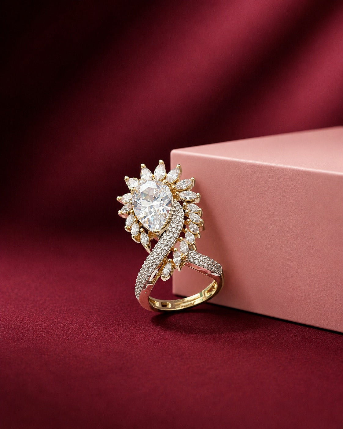 white ring  with deep maroon background 