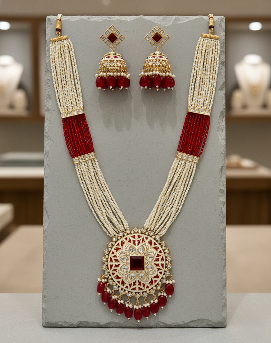 Pearl and red beaded kundan necklace set featuring enamel pendant with jhumka earrings