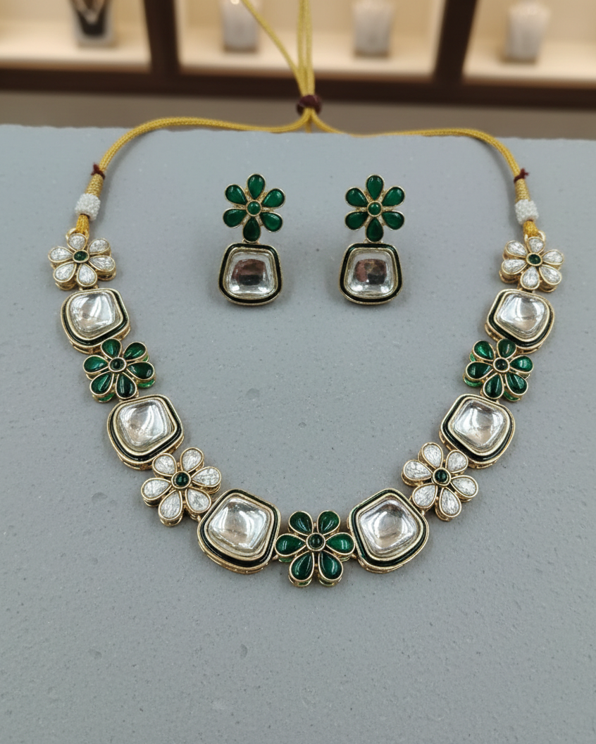 Polki kundan floral necklace set with green enamel work and matching earrings, traditional Indian jewellery