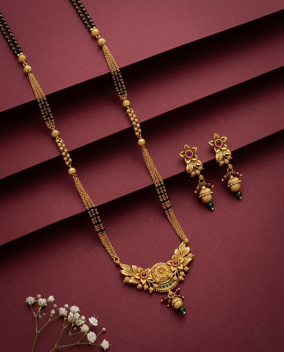 Gold necklace and earrings on a maroon background