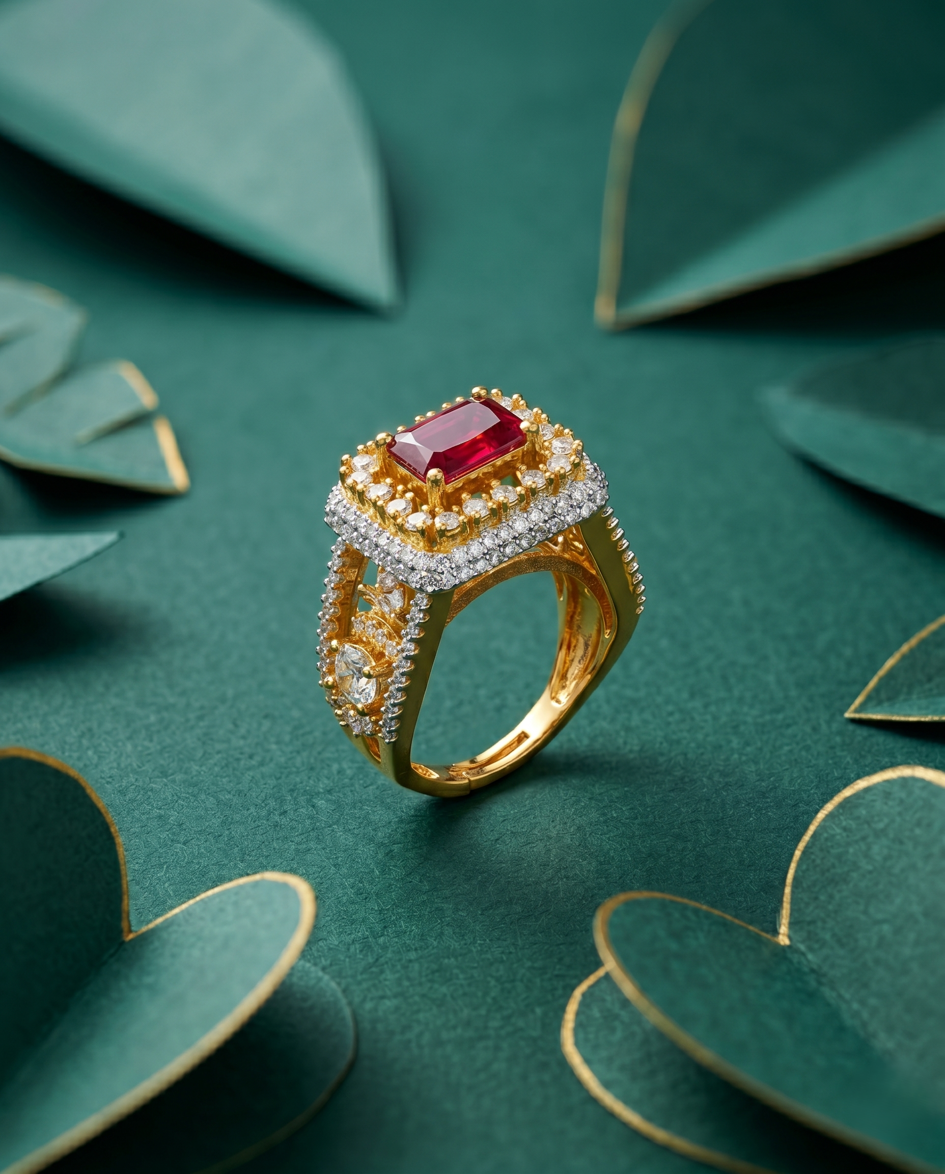 Gold ring with a red gemstone on a green leafy background