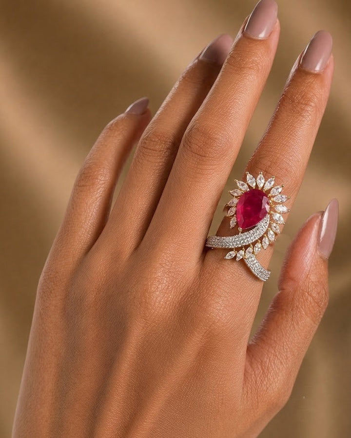 ruby ring  wear by model and beige background 
