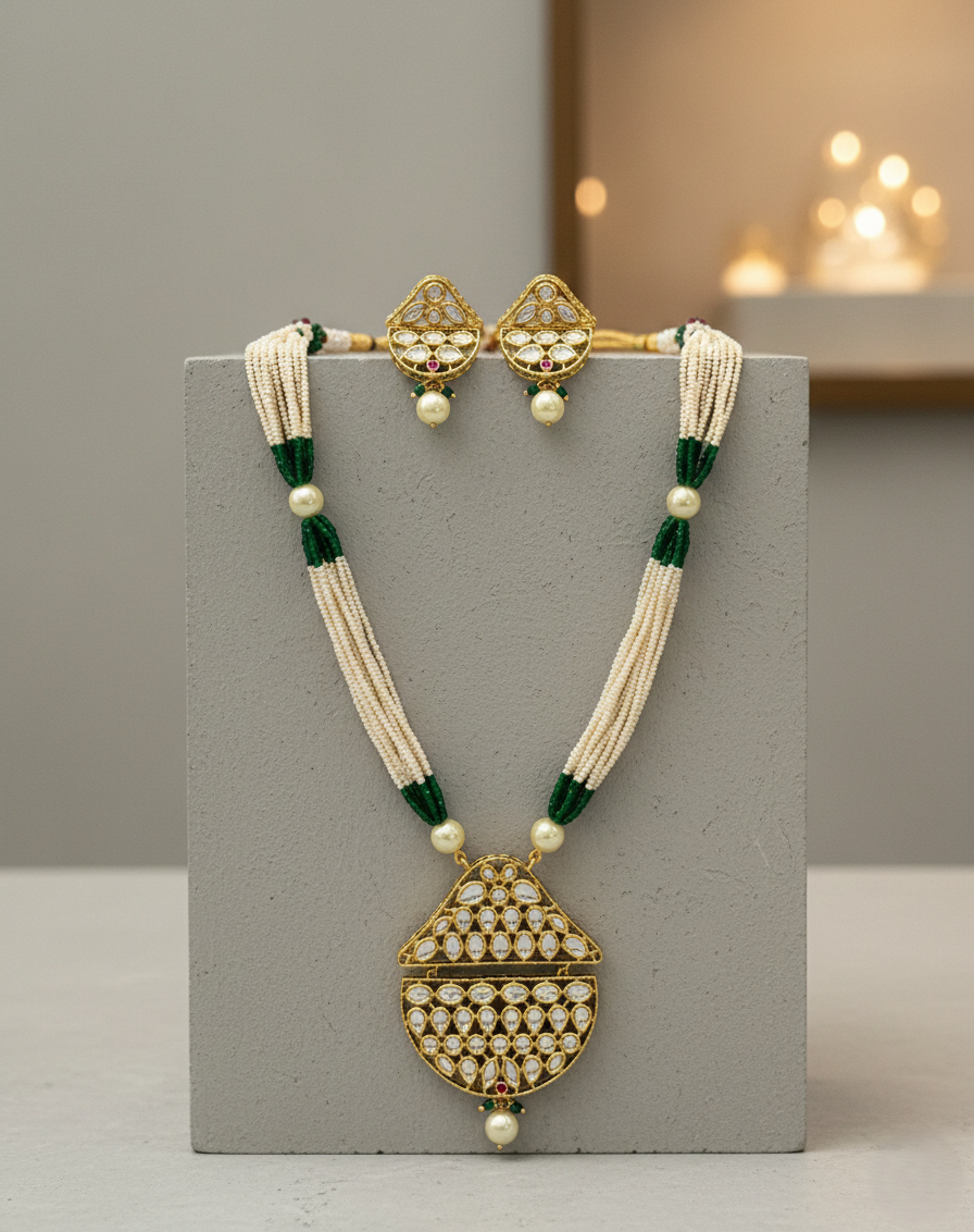 Pearl and green beaded kundan necklace set featuring a geometric pendant with matching earrings