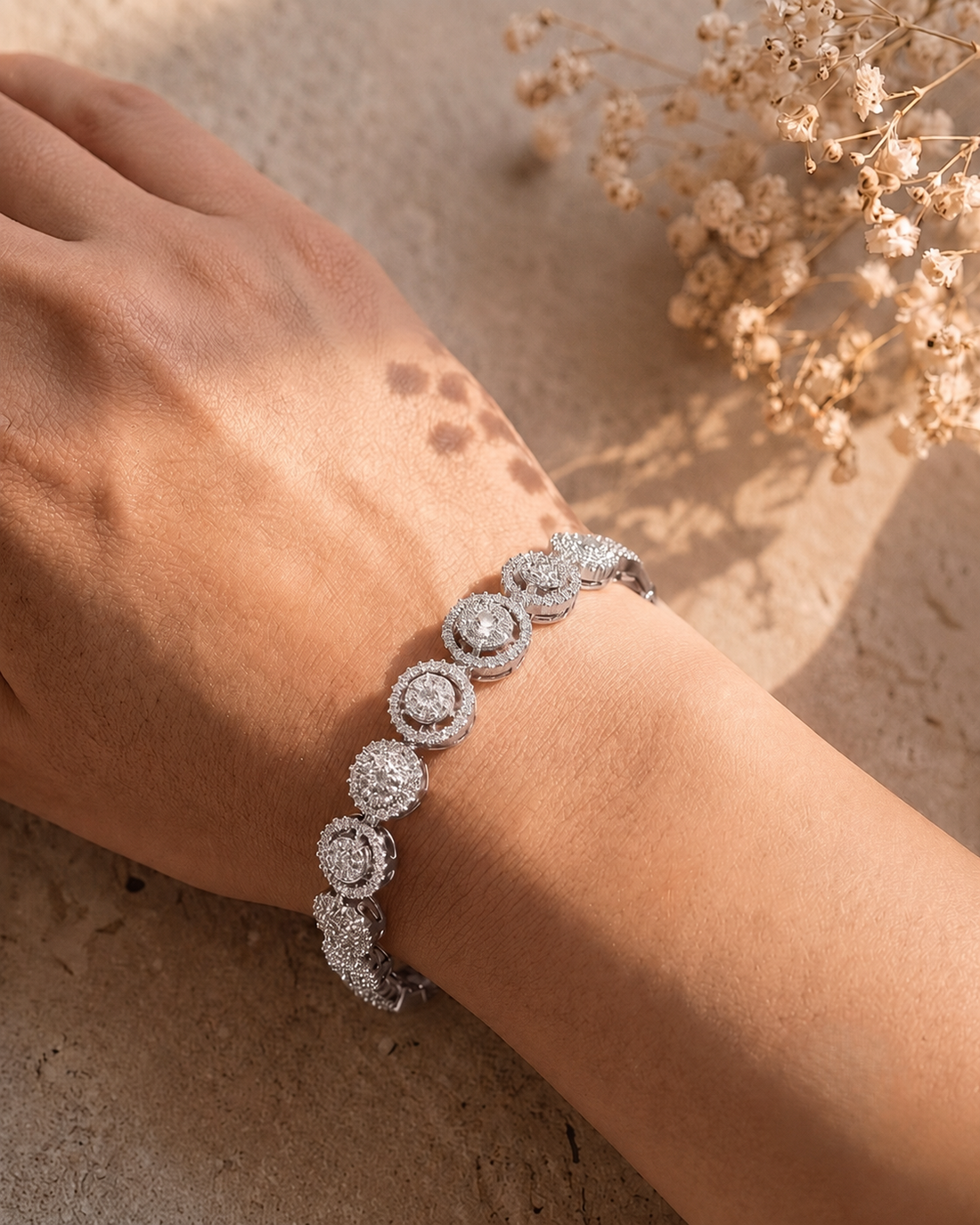  silver bracelet, halo CZ bangle, designer bangle for women